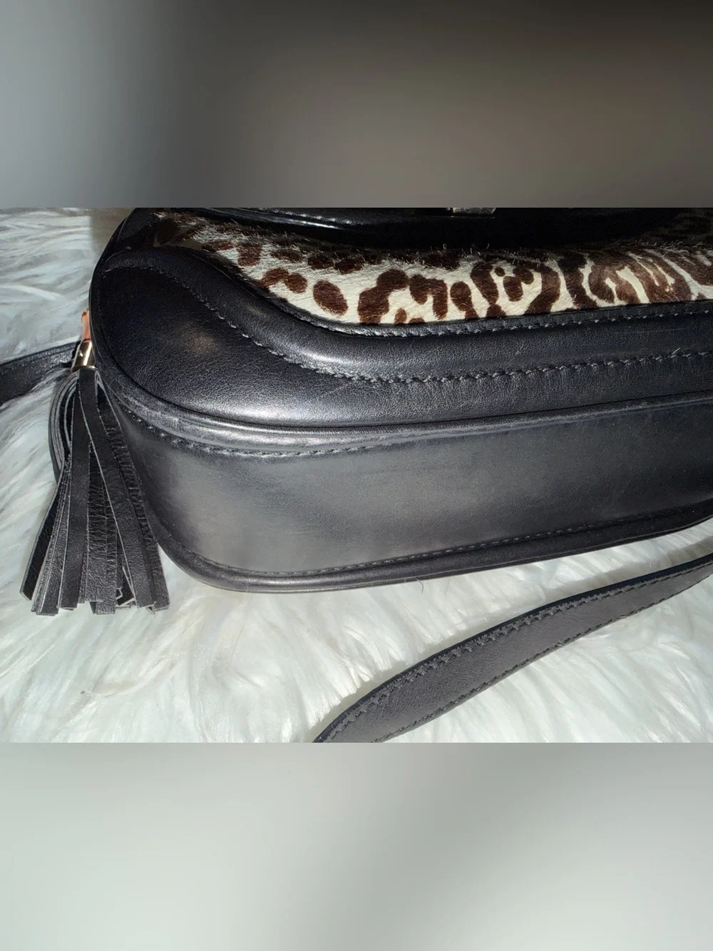 GUCCI Vintage Bamboo Leopard 2way Handbag Crossbody Bag Pony Calf Hair Gray
